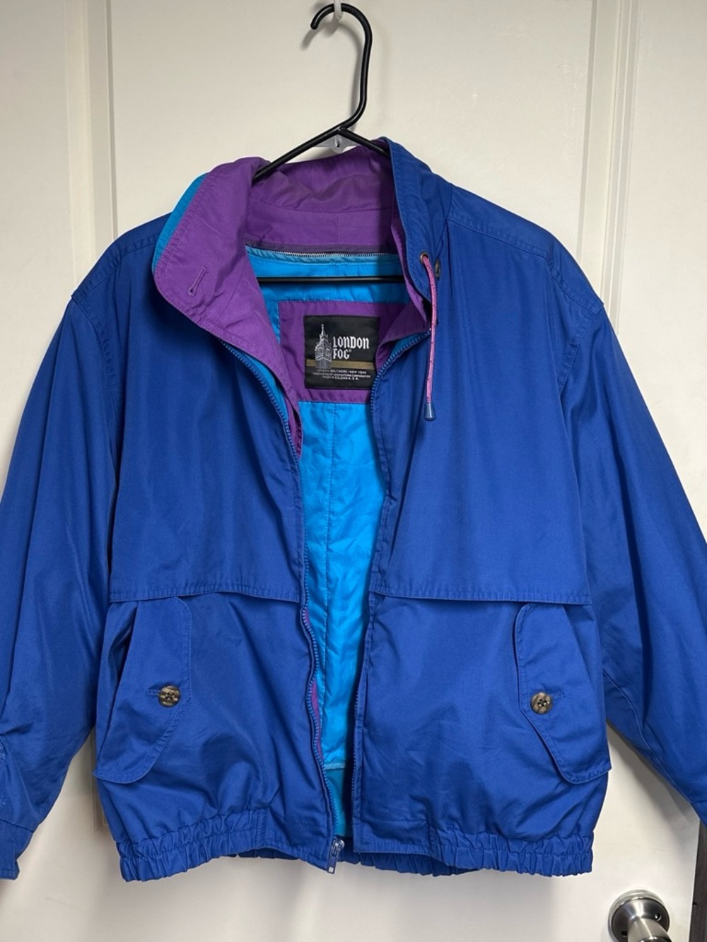 Vintage London Fog Bright Blue Jacket with Removable Liner Purple Trim size LP